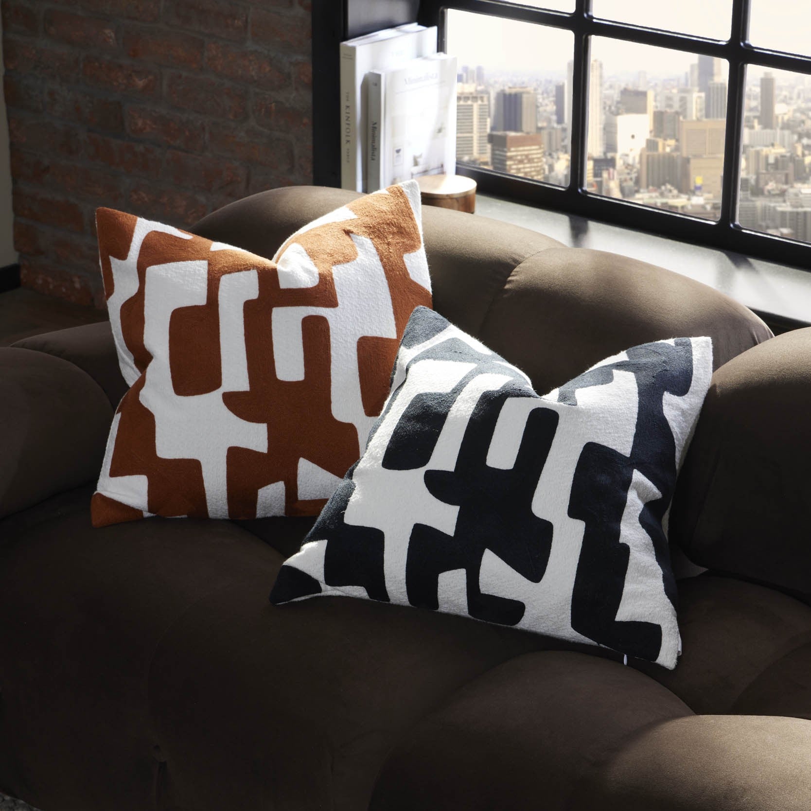 Dusklia - Geometric Embroidered Sofa Cushion Cover - Midnight