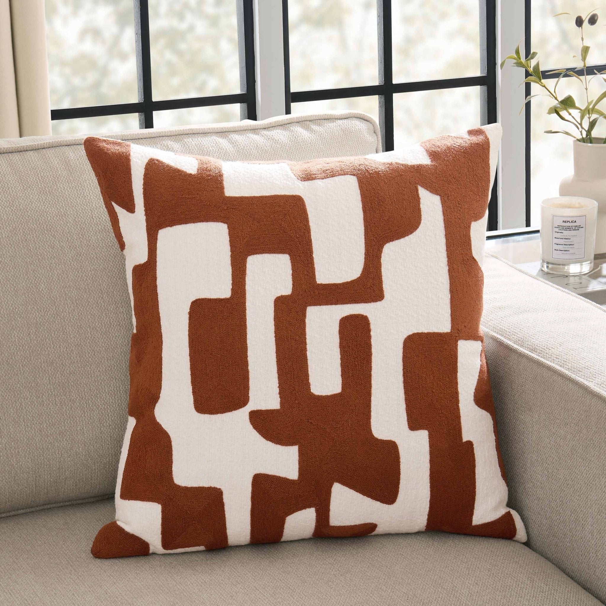 Dusklia - Geometric Embroidered Sofa Cushion Cover - Burnt Orange