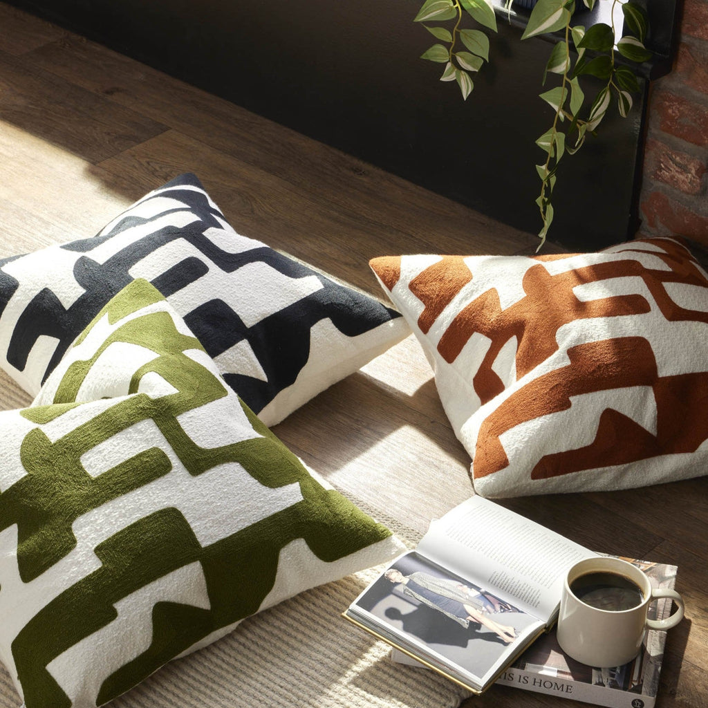 Dusklia - Geometric Embroidered Sofa Cushion Cover - Dark Green