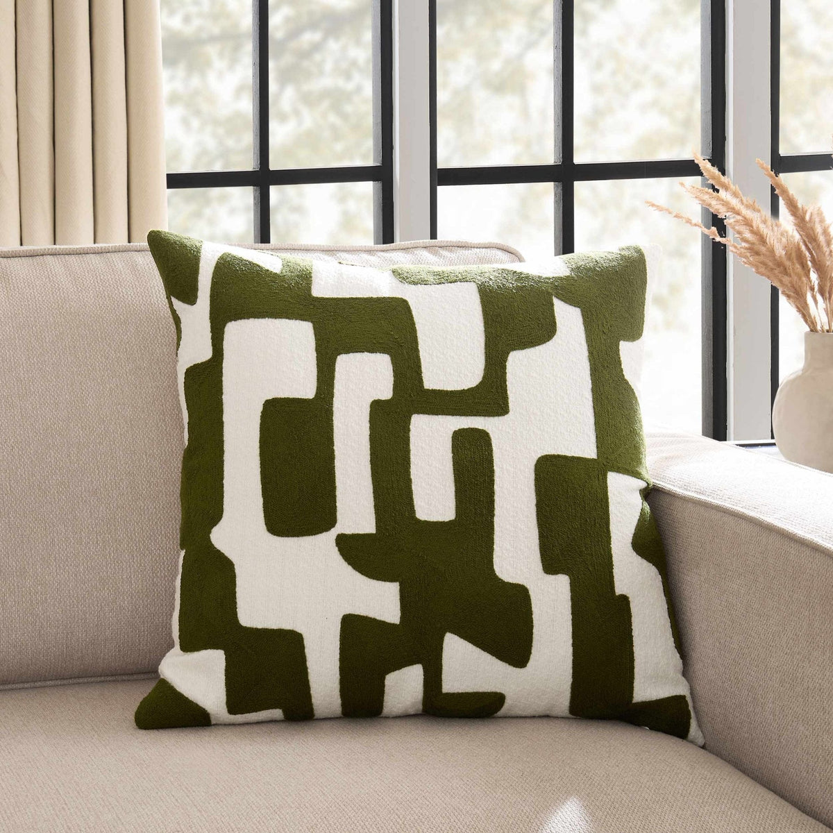 Dusklia - Geometric Embroidered Sofa Cushion Cover - Dark Green
