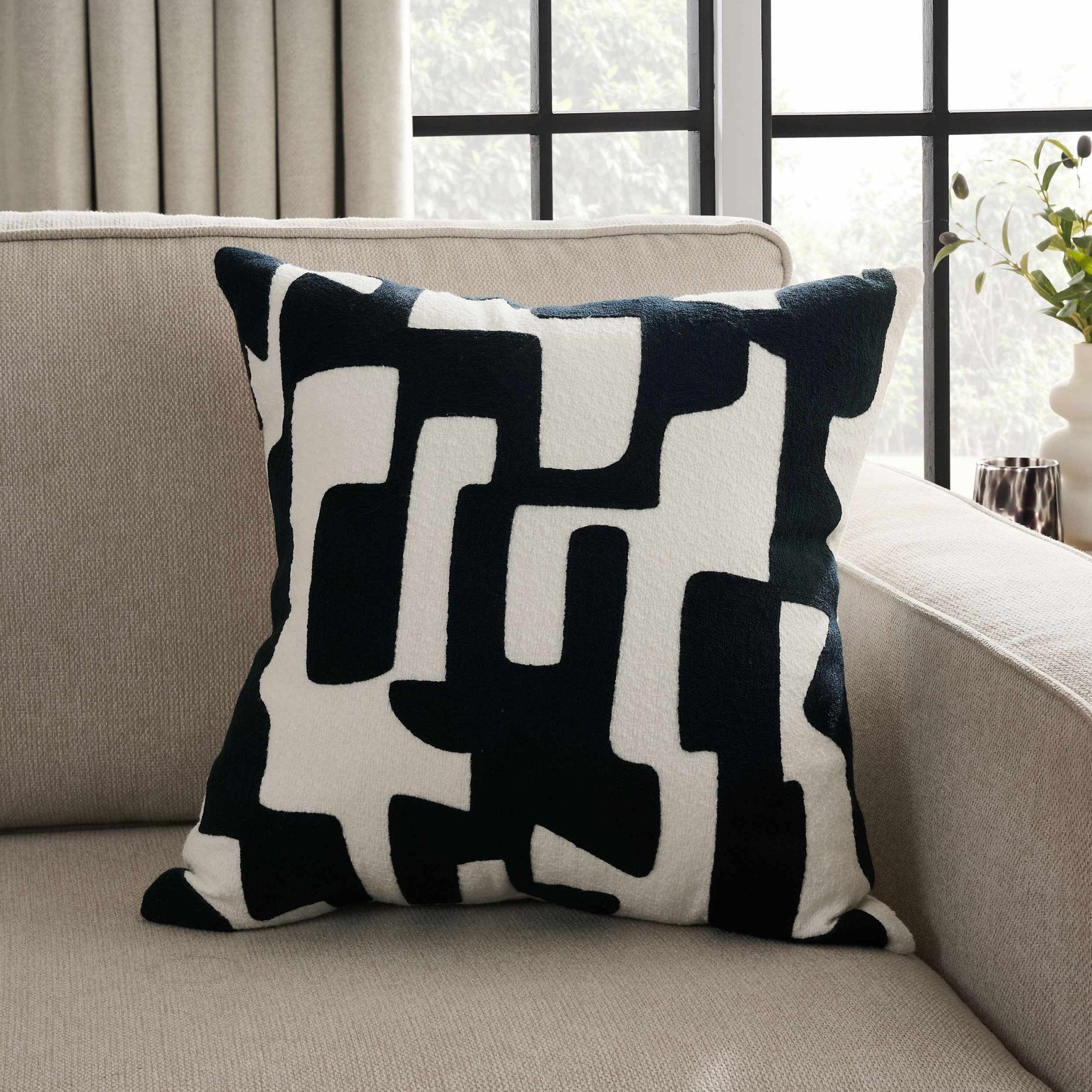 Dusklia - Geometric Embroidered Sofa Cushion Cover - Midnight
