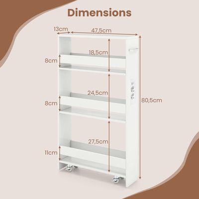 GIANTEX Desserte de Cuisine Étroit à Roulettes avec Freins- 47,5x13x80,5cm- Station de Charge- Chariot de Service à 4 Niveaux- Blanc
