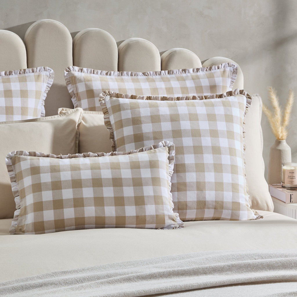 Dusklia - Gingham Square Frill Edge Cushion Cover - Natural