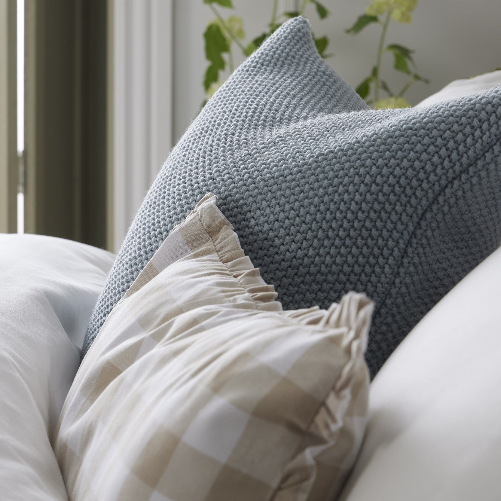 Dusklia - Gingham Square Frill Edge Cushion Cover - Natural