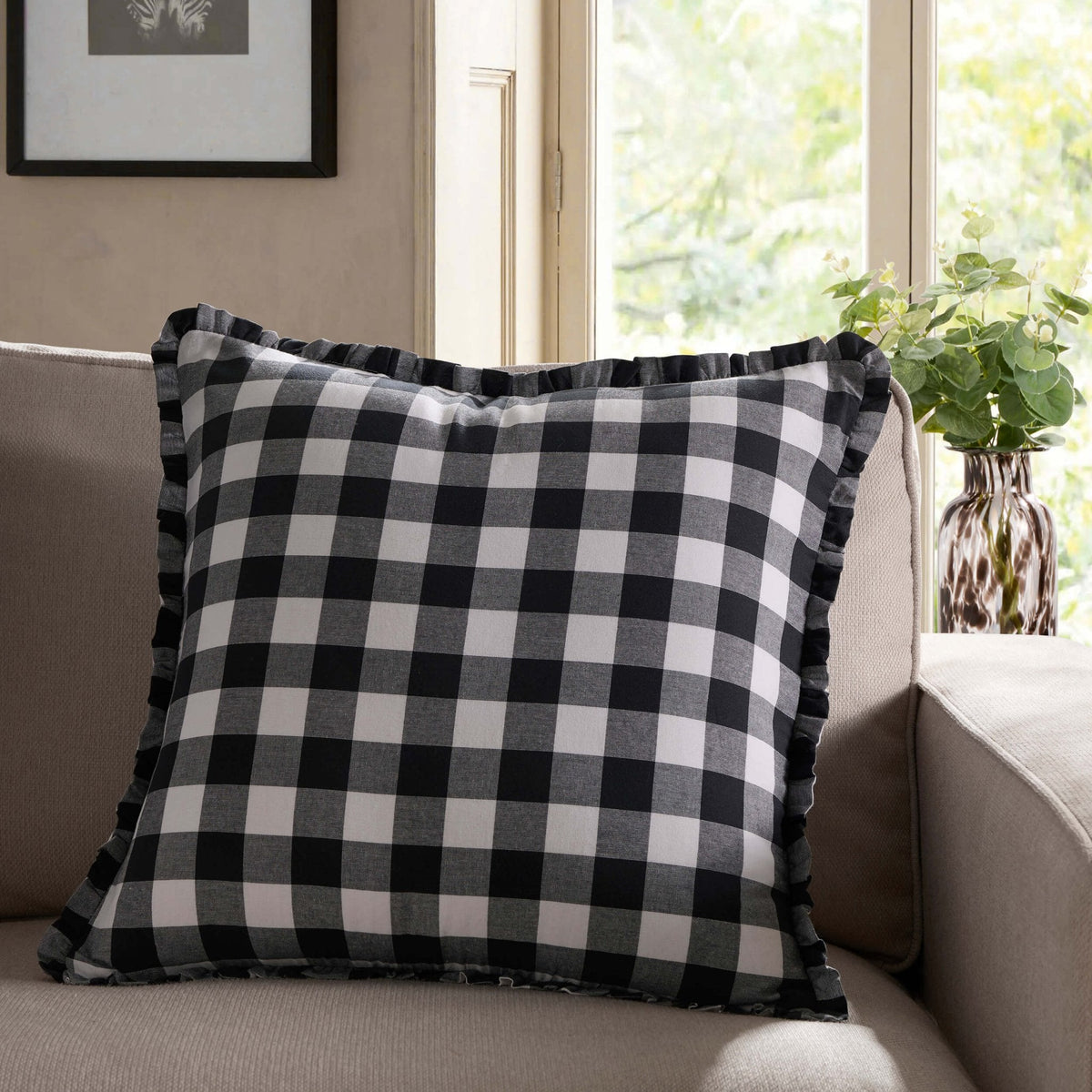 Dusklia - Gingham Square Frill Edge Sofa Cushion Cover - Black