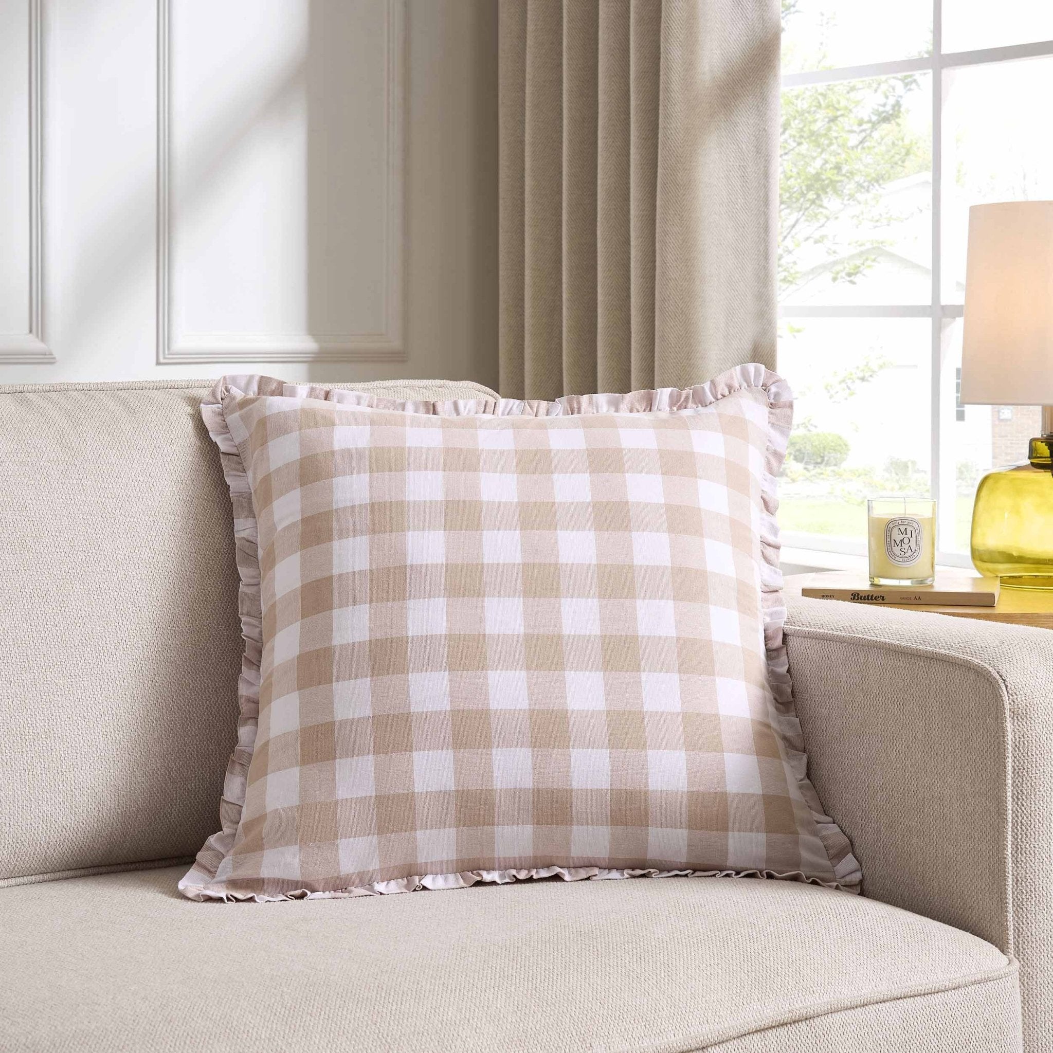 Dusklia - Gingham Square Frill Edge Sofa Cushion Cover - Blush Pink