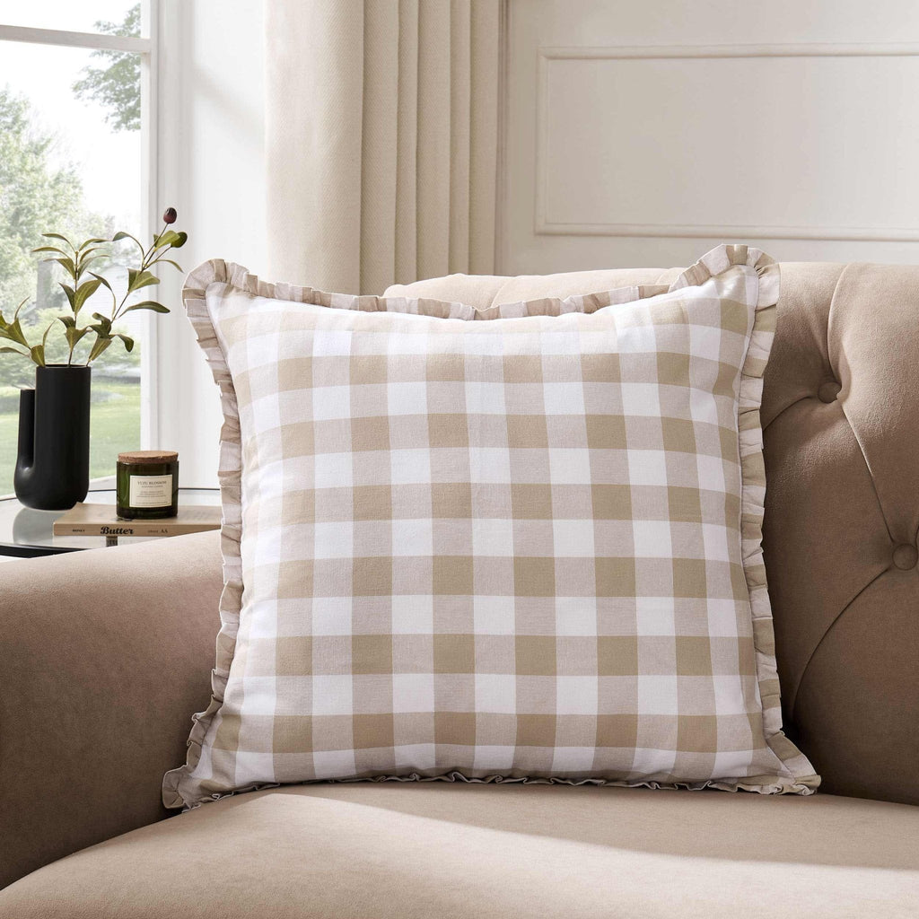 Dusklia - Gingham Square Frill Edge Sofa Cushion Cover - Natural