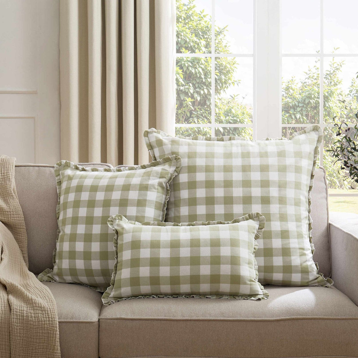 Dusklia - Gingham Square Frill Edge Sofa Cushion Cover - Sage