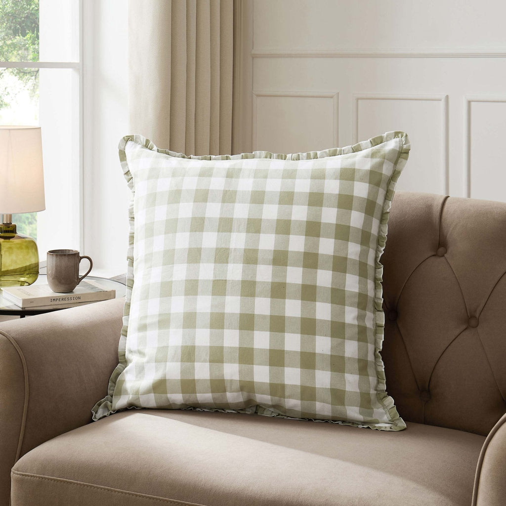 Dusklia - Gingham Square Frill Edge Sofa Cushion Cover - Sage