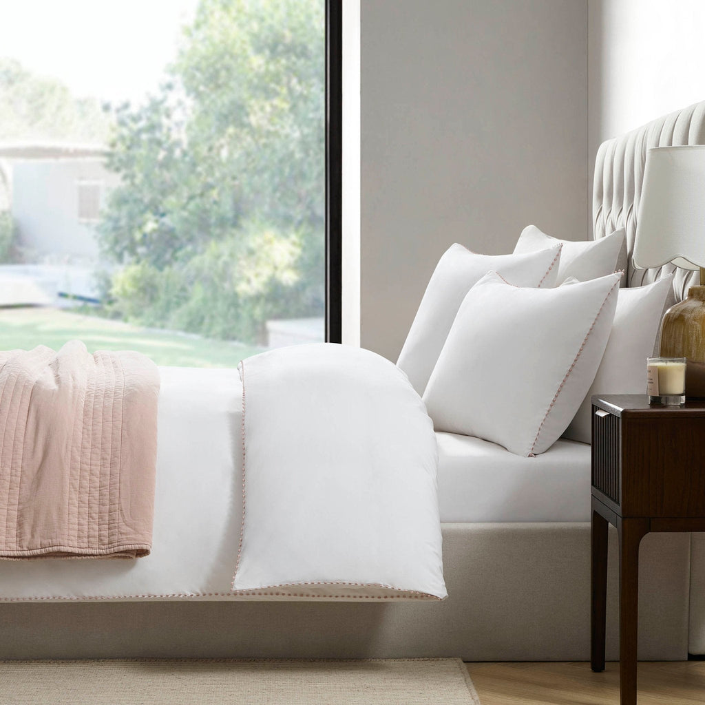 Dusklia - Pair of Girona Pom-Pom Pillowcases - 200 Thread Count - Cotton - White/Pink