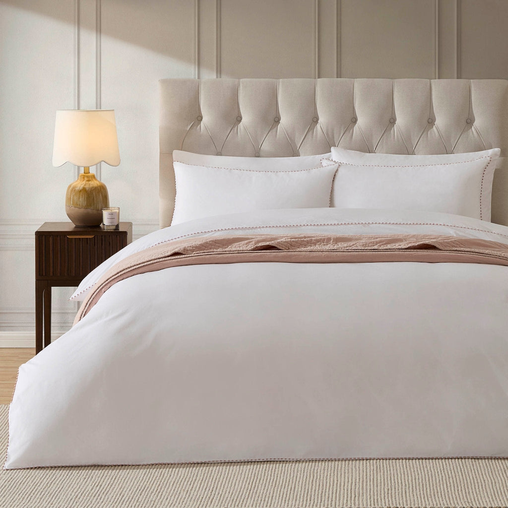 Dusklia - Girona 200 Thread Count Pom-Pom Duvet Cover - Cotton - White/Pink