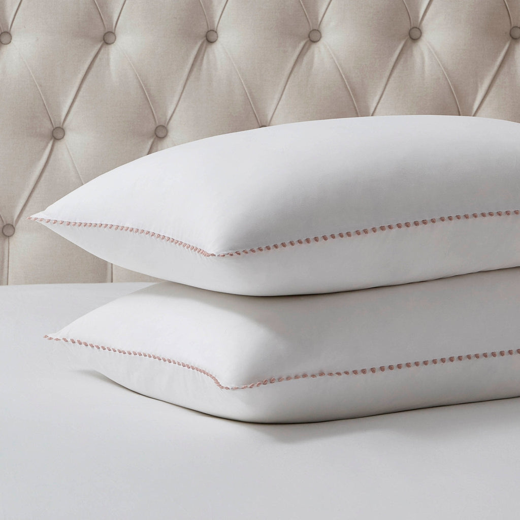 Dusklia - Pair of Girona Pom-Pom Pillowcases - 200 Thread Count - Cotton - White/Pink