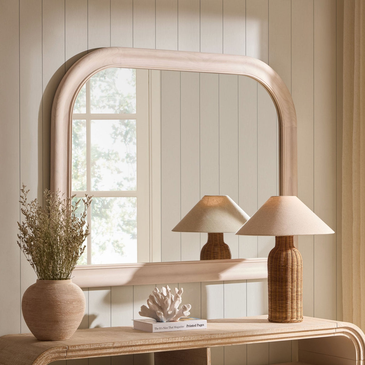 Dusklia - Hampton Arched Wood Large Mantel Mirror - Washed White