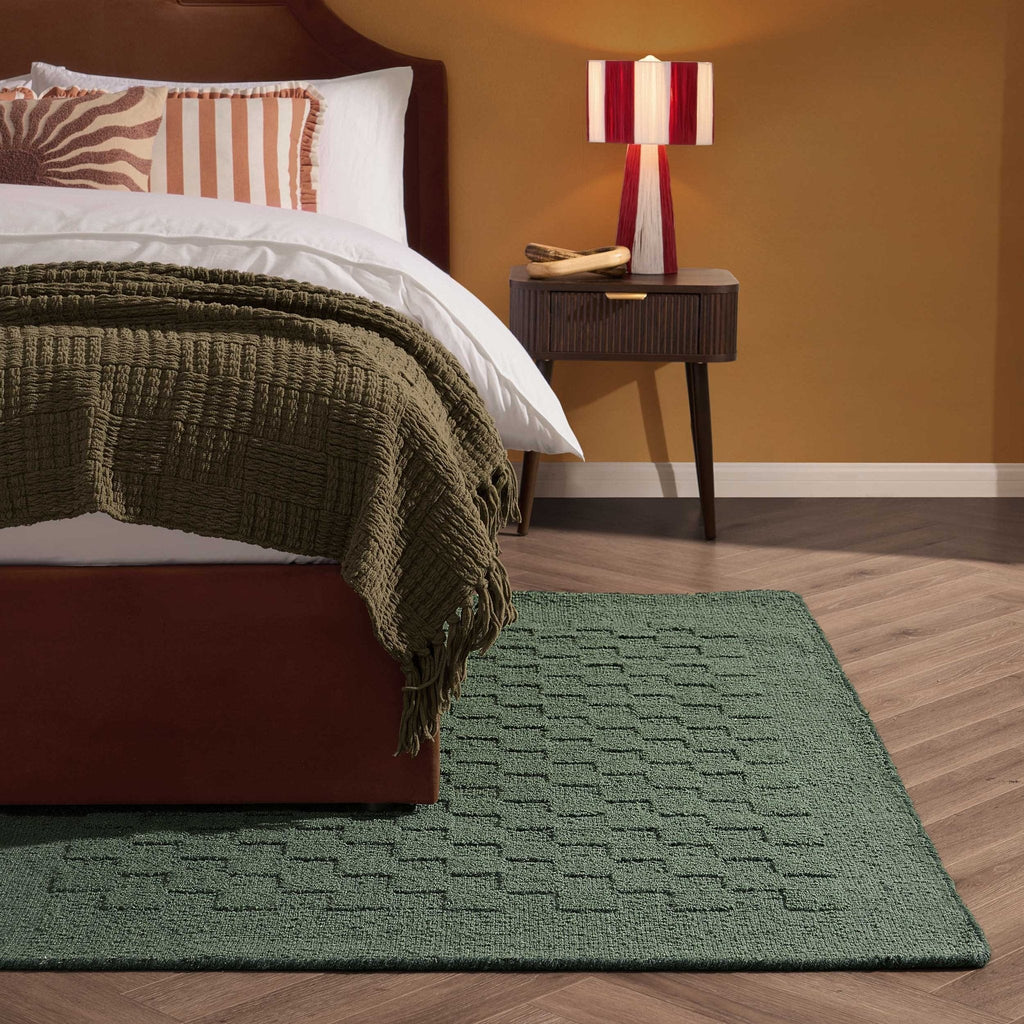 Dusklia - Hand Woven Wool Checkerboard Rug - Forest Green