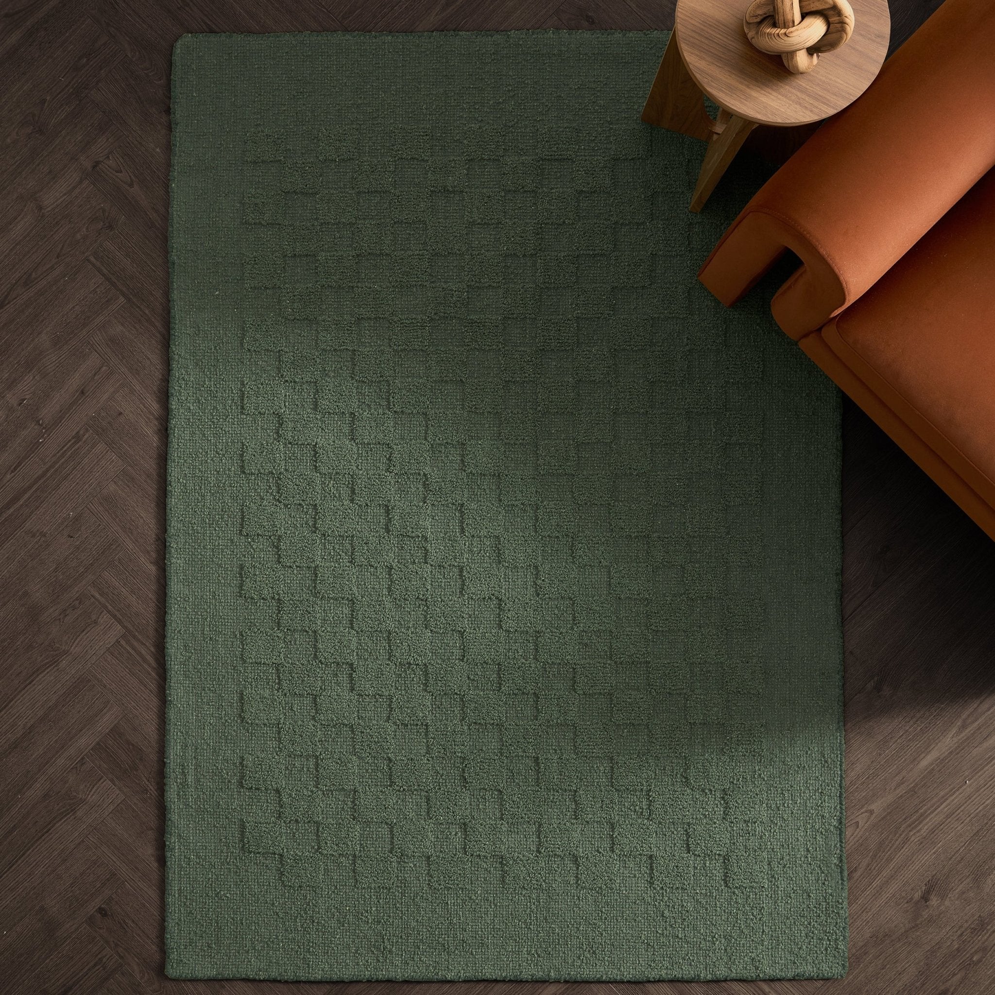 Dusklia - Hand Woven Wool Checkerboard Rug - Forest Green