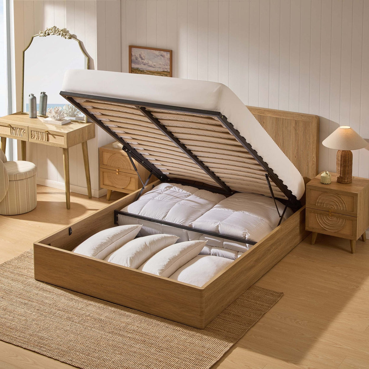 Dusklia - Hattie Ottoman Storage Bed - Light Wood