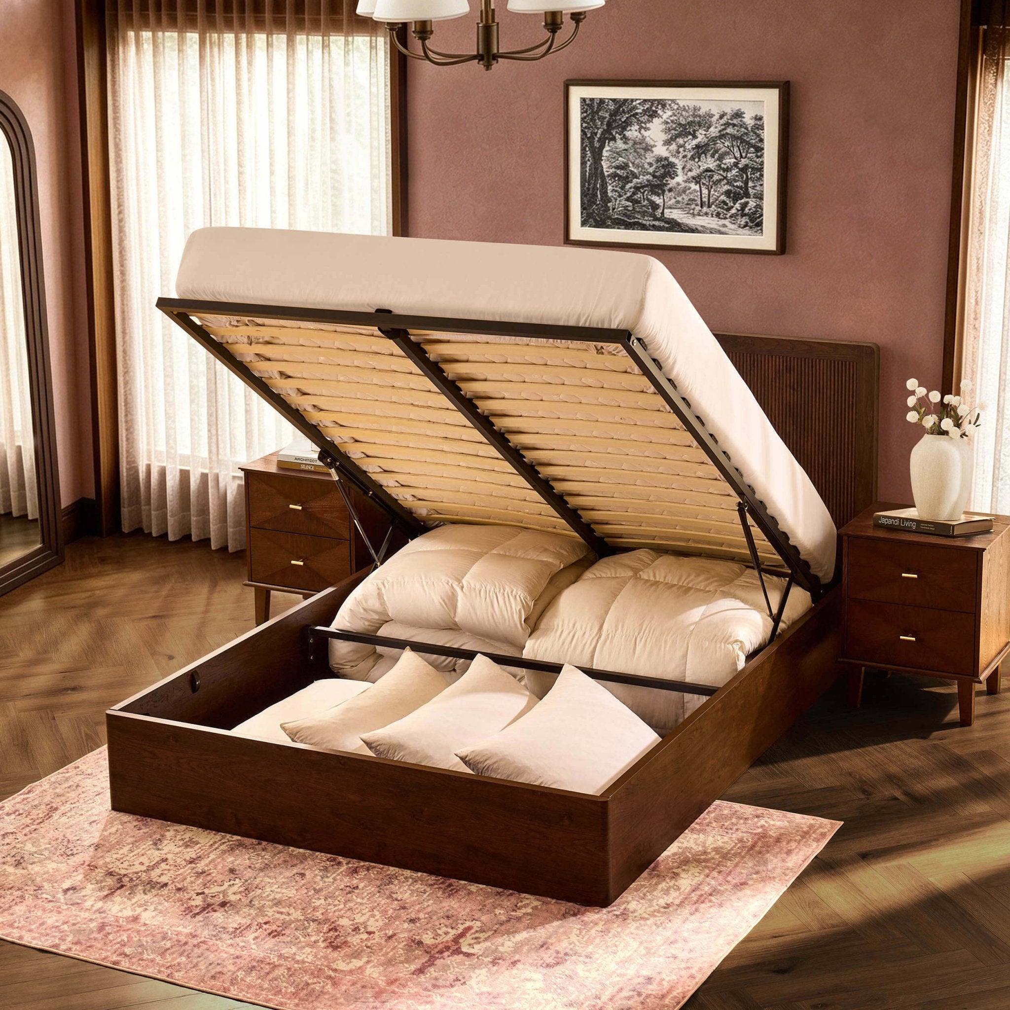 Dusklia - Hattie Ottoman Storage Bed - Wood Walnut