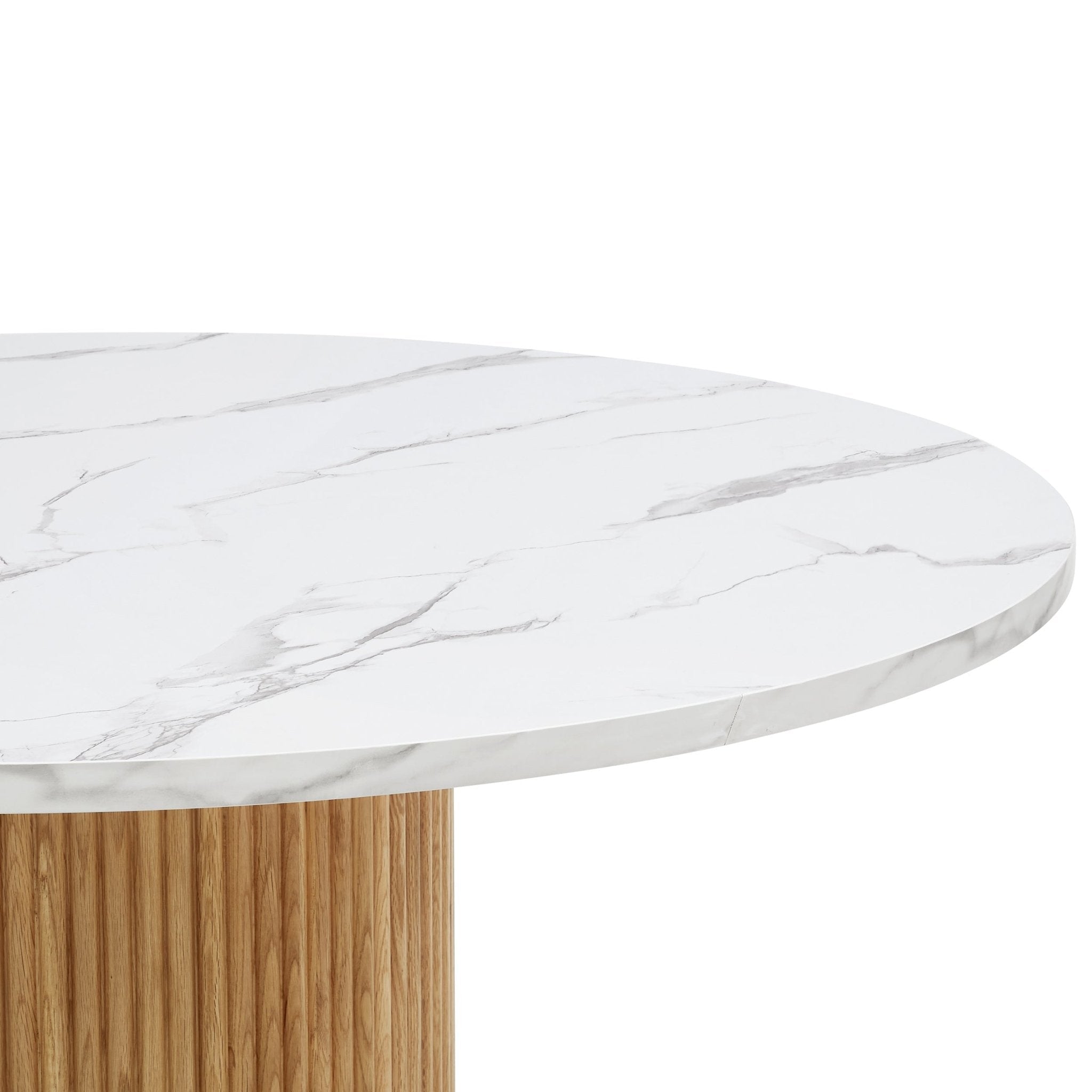 Dusklia - Hattie Panel Round 4-6 Seater Pedestal Dining Table - Natural/Marble