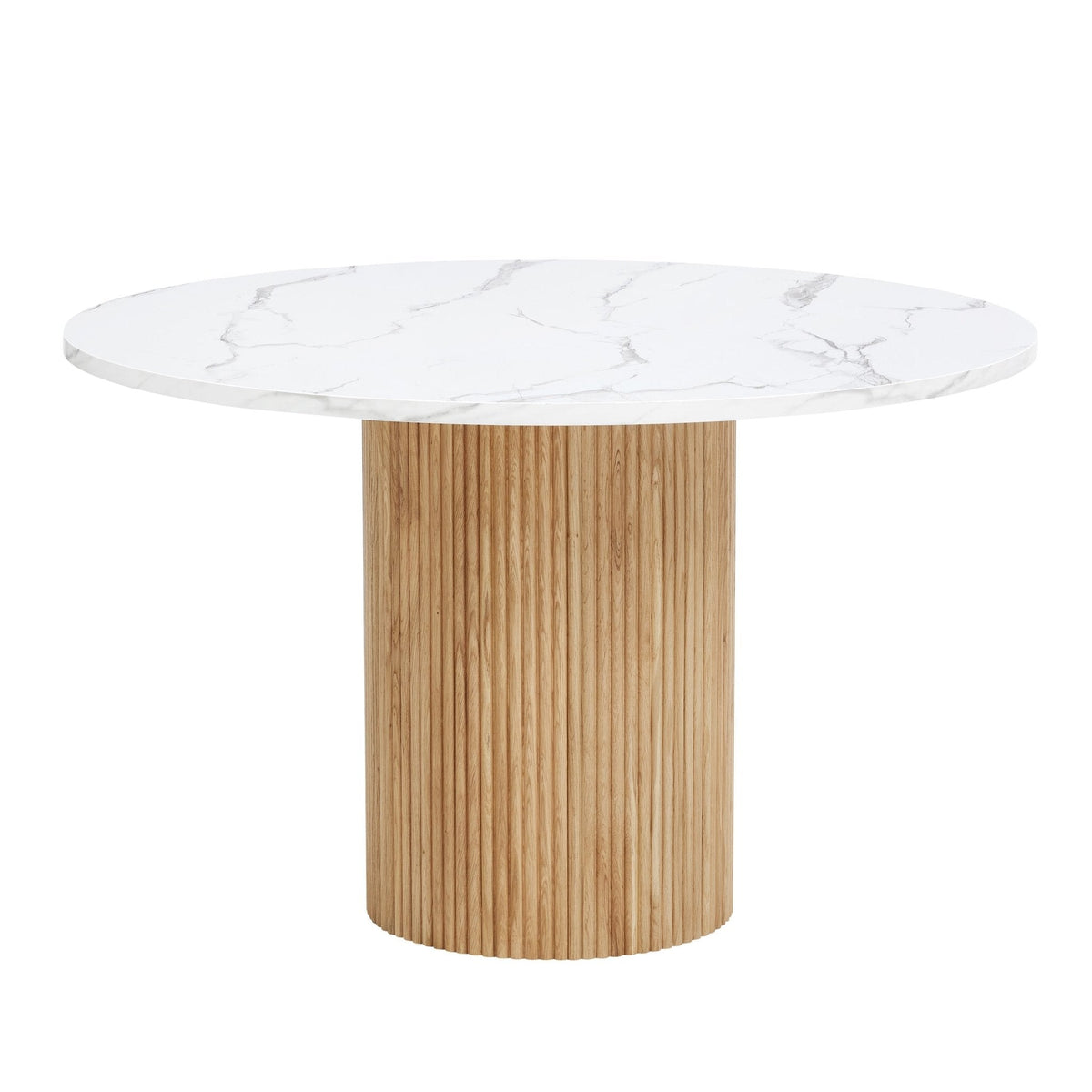 Dusklia - Hattie Panel Round 4-6 Seater Pedestal Dining Table - Natural/Marble