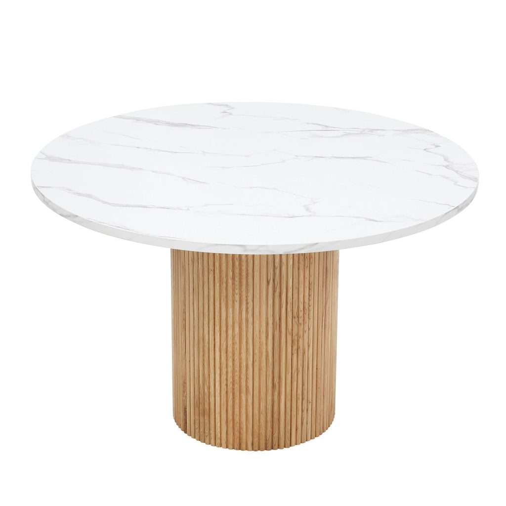 Dusklia - Hattie Panel Round 4-6 Seater Pedestal Dining Table - Natural/Marble