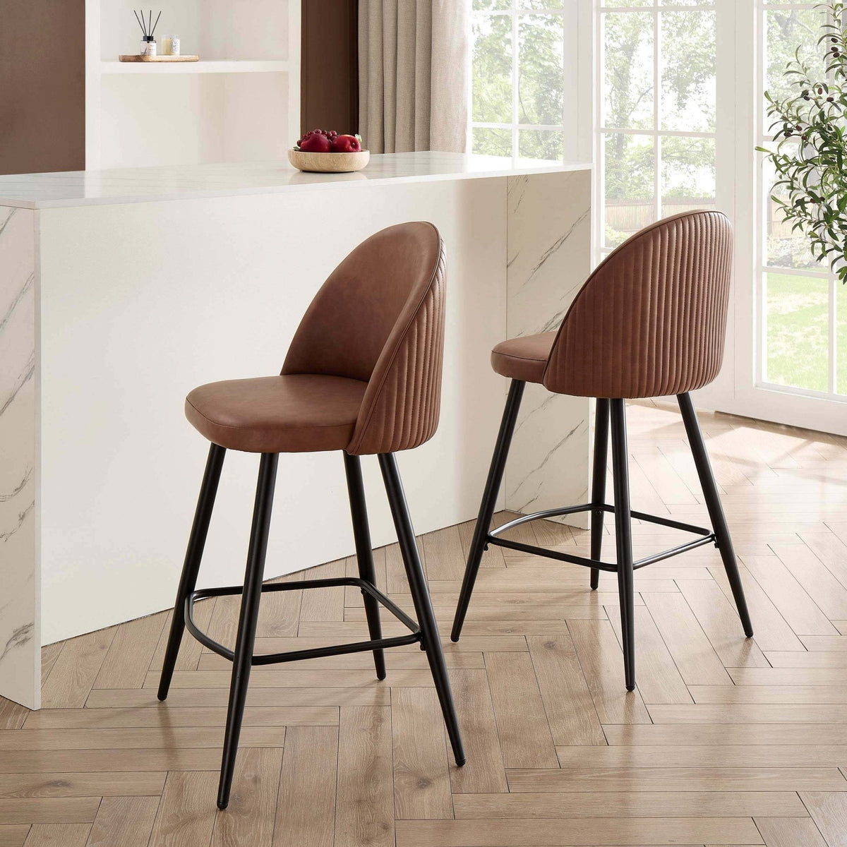 Dusklia - Hattie Set of 2 Barstools - Faux Leather Tan