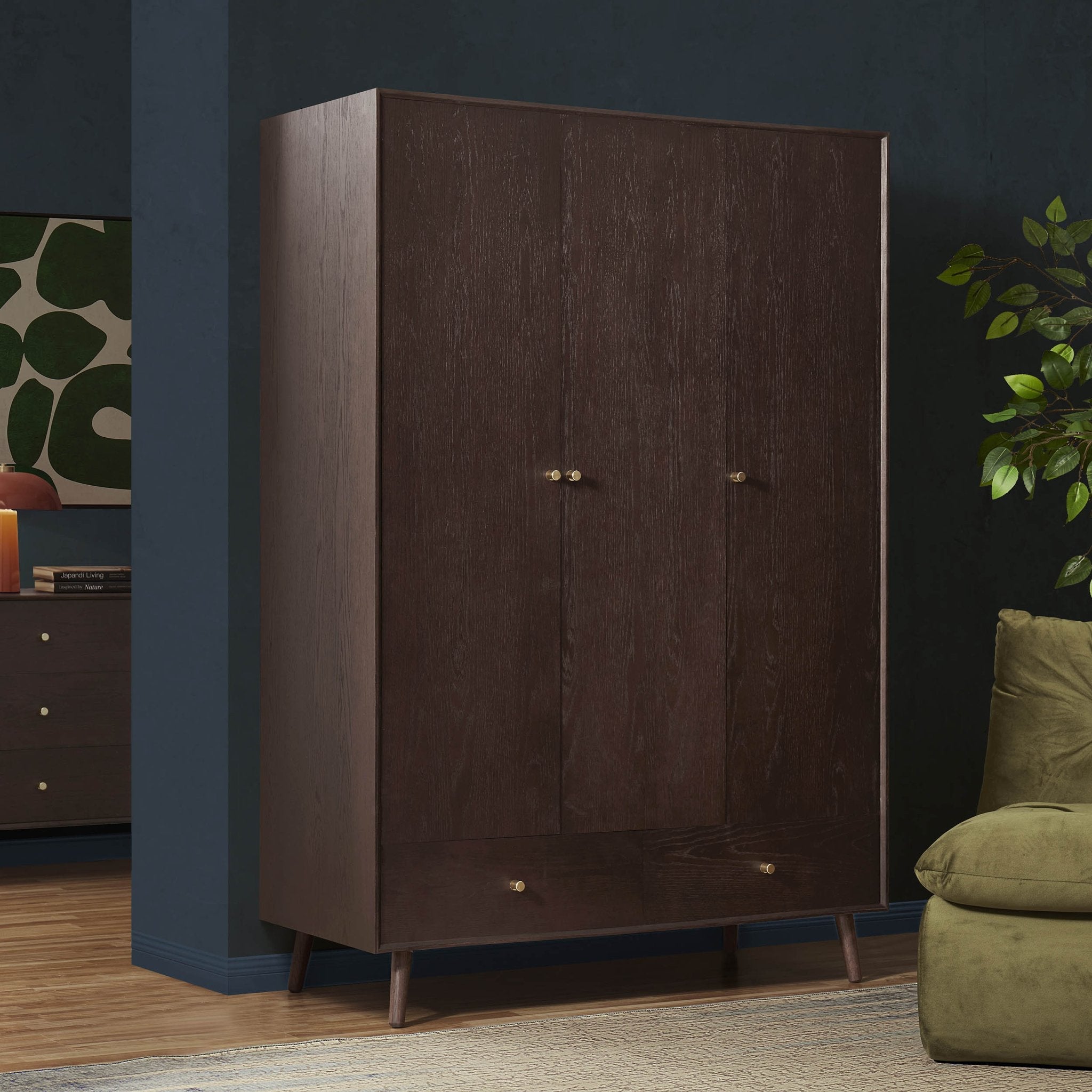 Dusklia - Heidi Oak 3 Door Wardrobe with Drawers - Walnut
