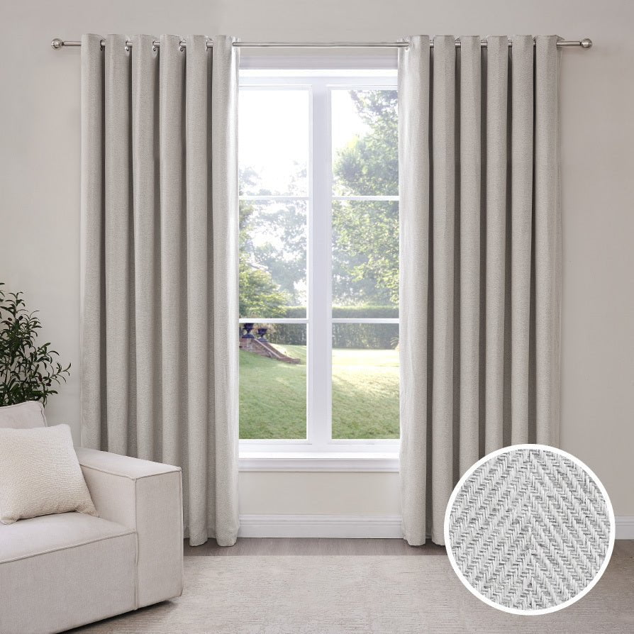 Dusklia - Herringbone Thermal Blackout Eyelet Curtains - Light Grey