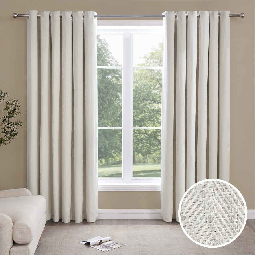Dusklia - Herringbone Thermal Blackout Eyelet Curtains - Off White