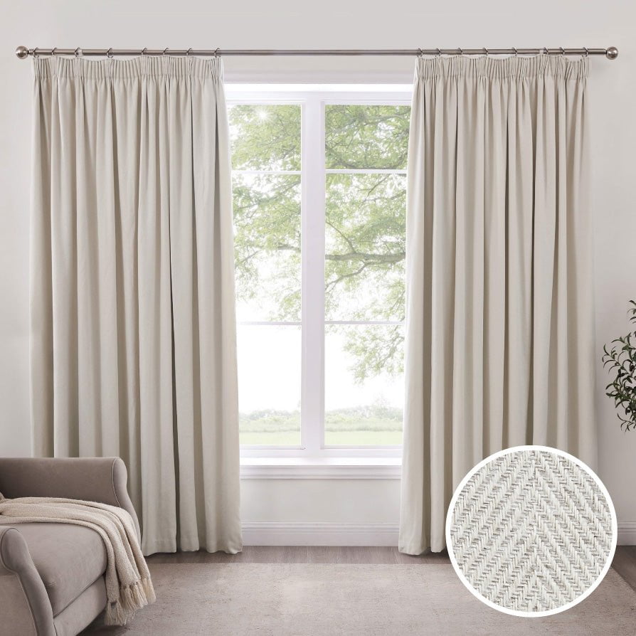 Dusklia - Herringbone Thermal Blackout Pencil Pleat Curtains - Off White