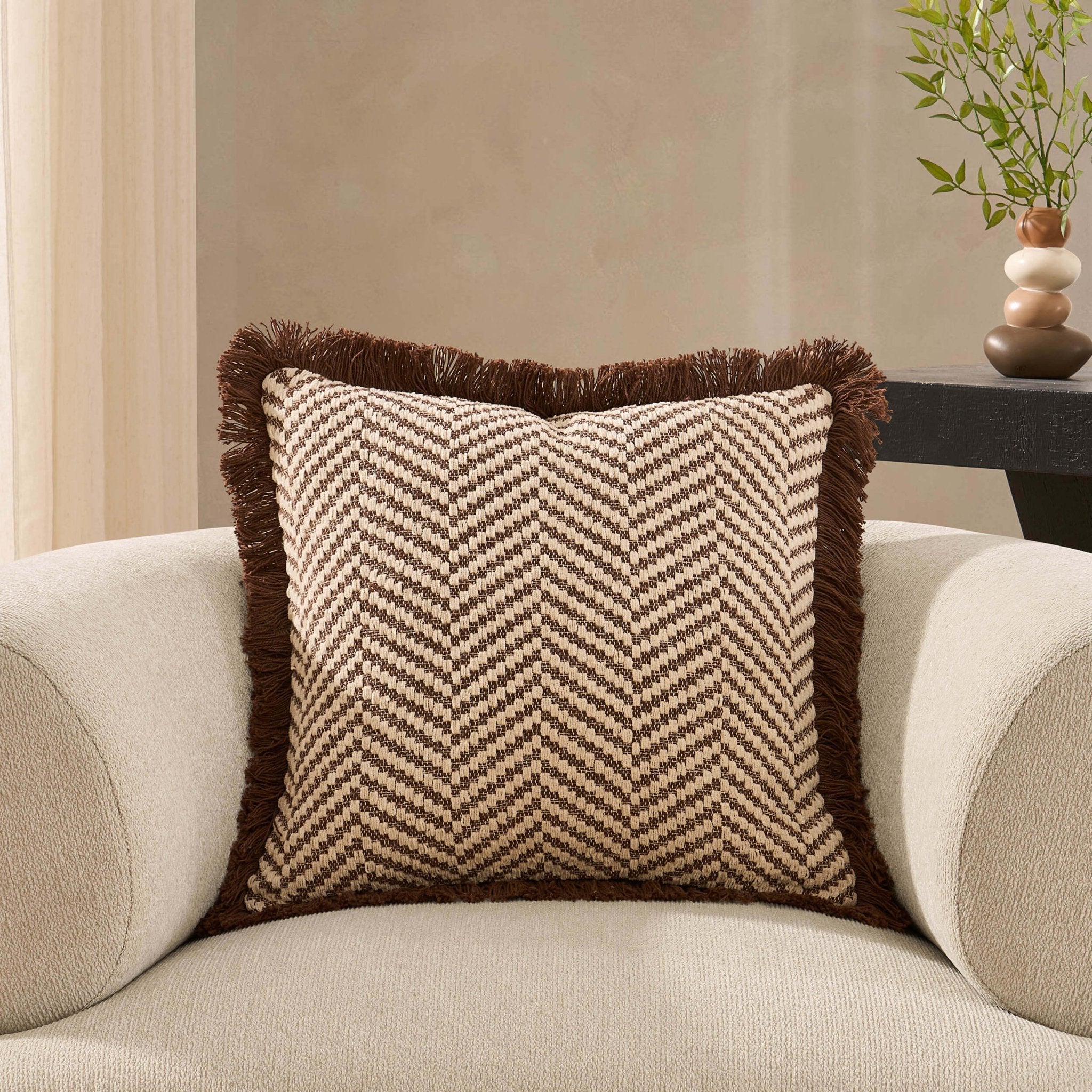 Dusklia - Herringbone Tufted Edge Sofa Cushion Cover - Chocolate