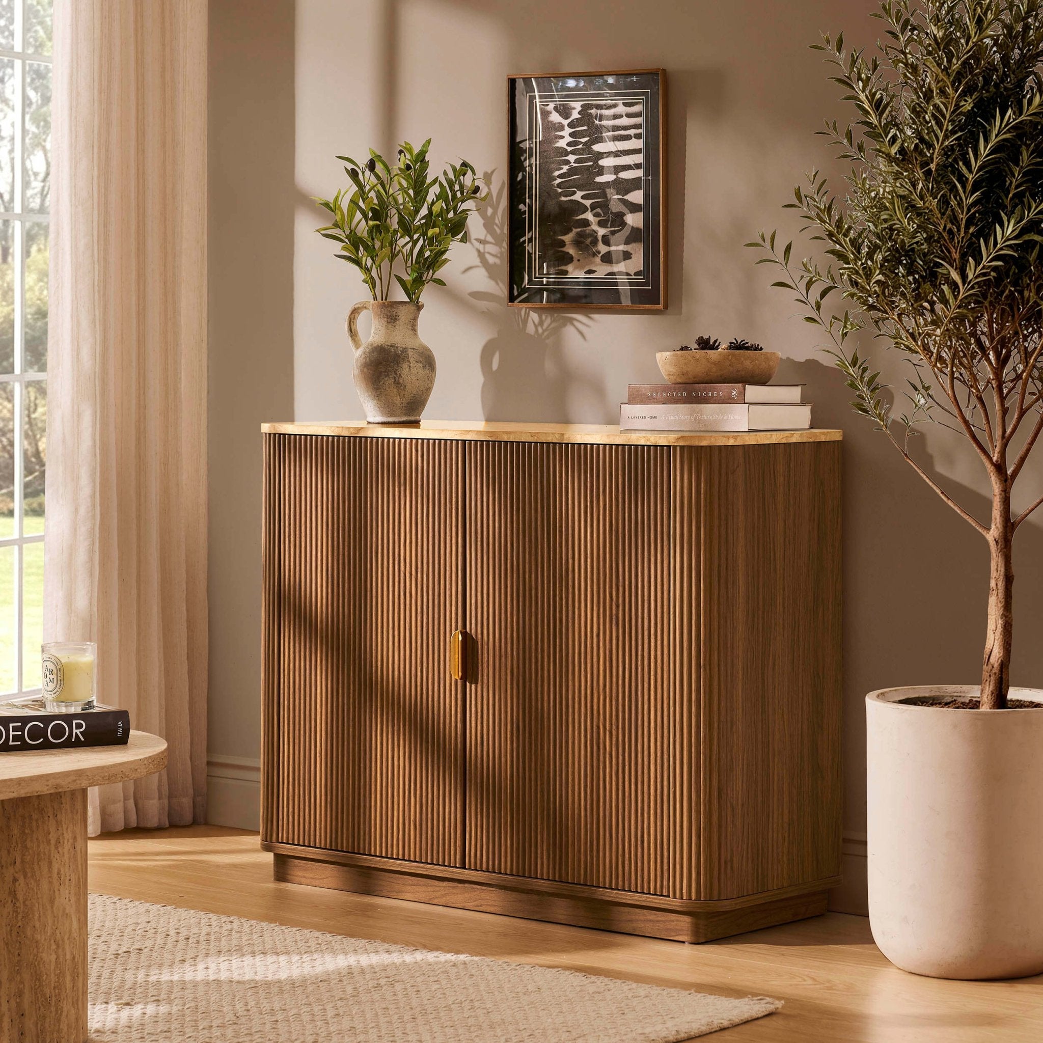 Bahut 2 portes Hettie - Bois moyen/Dessus effet marbre