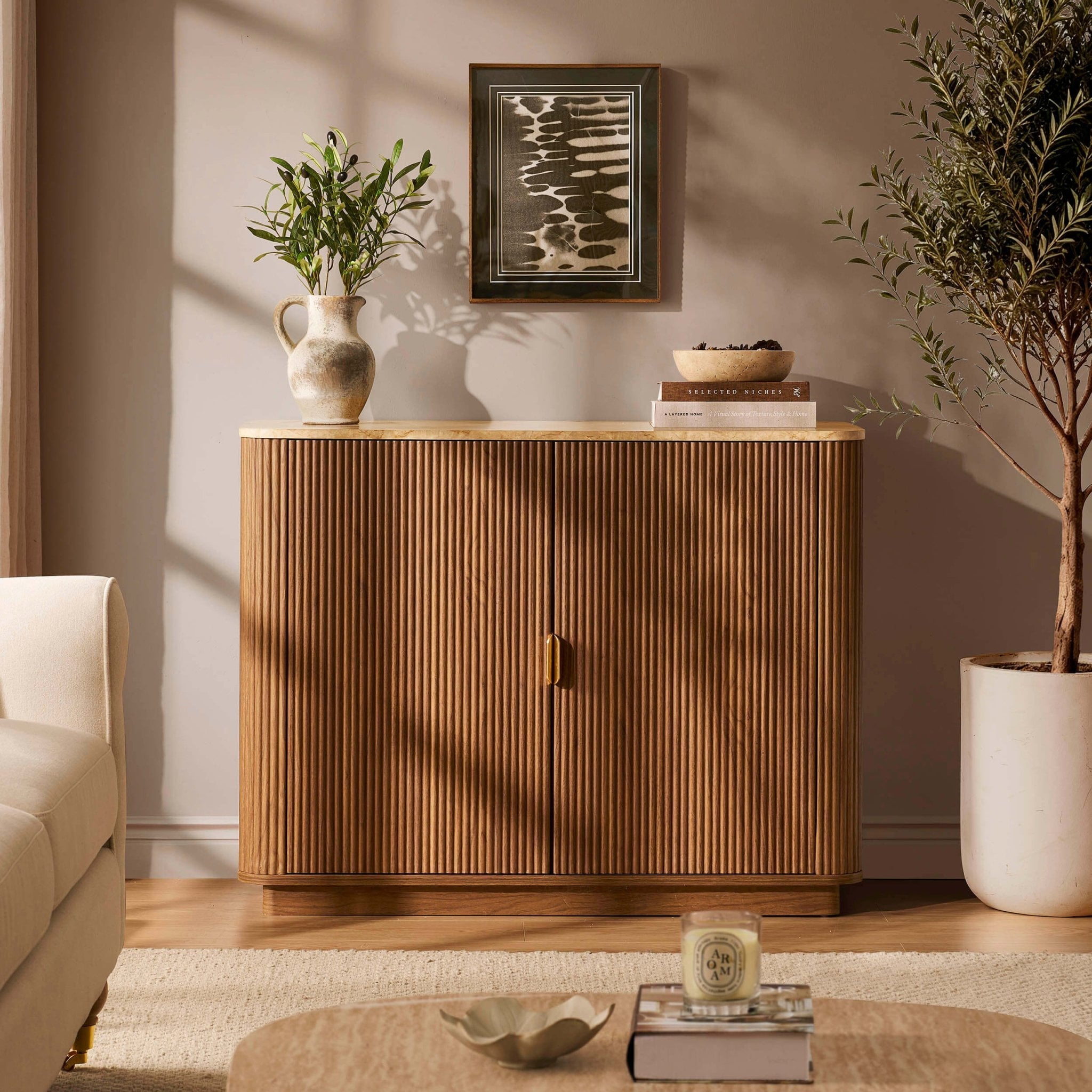 Bahut 2 portes Hettie - Bois moyen/Dessus effet marbre