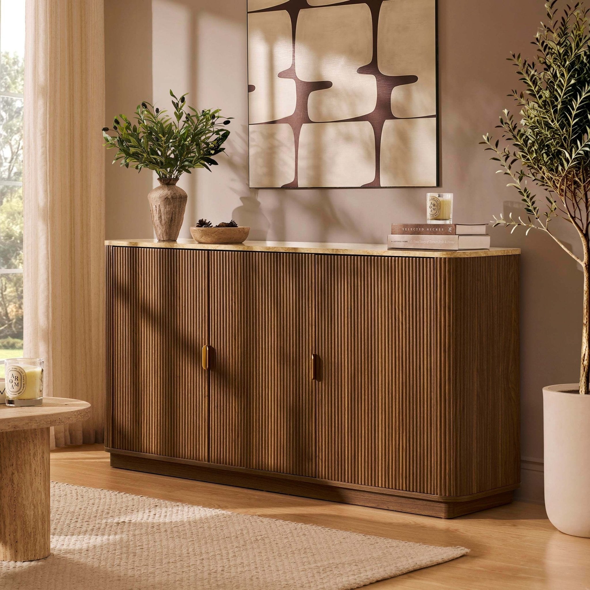 Buffet 3 portes Hettie - Bois moyen/Dessus effet marbre