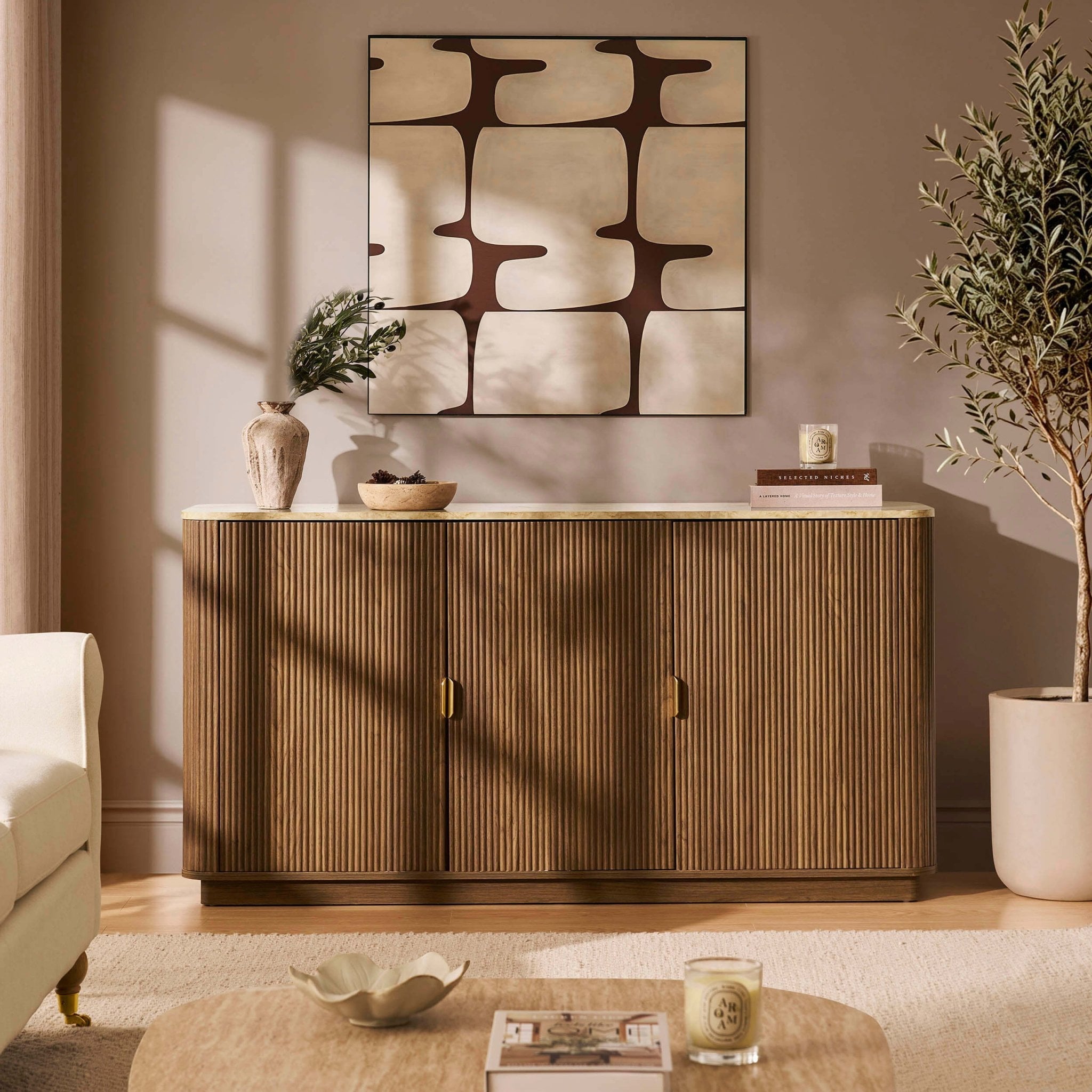 Buffet 3 portes Hettie - Bois moyen/Dessus effet marbre