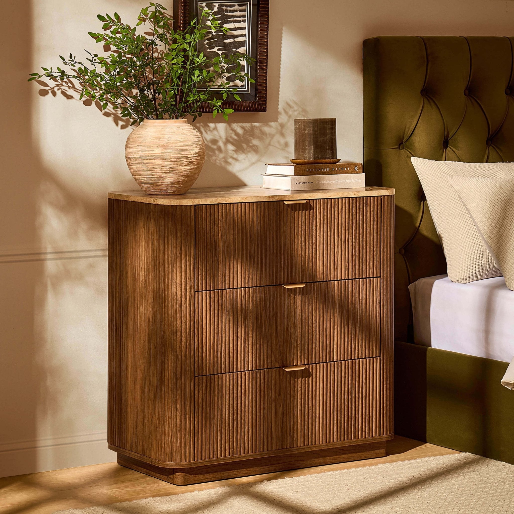 Commode 3 tiroirs Hettie - Bois moyen / Plateau effet marbre