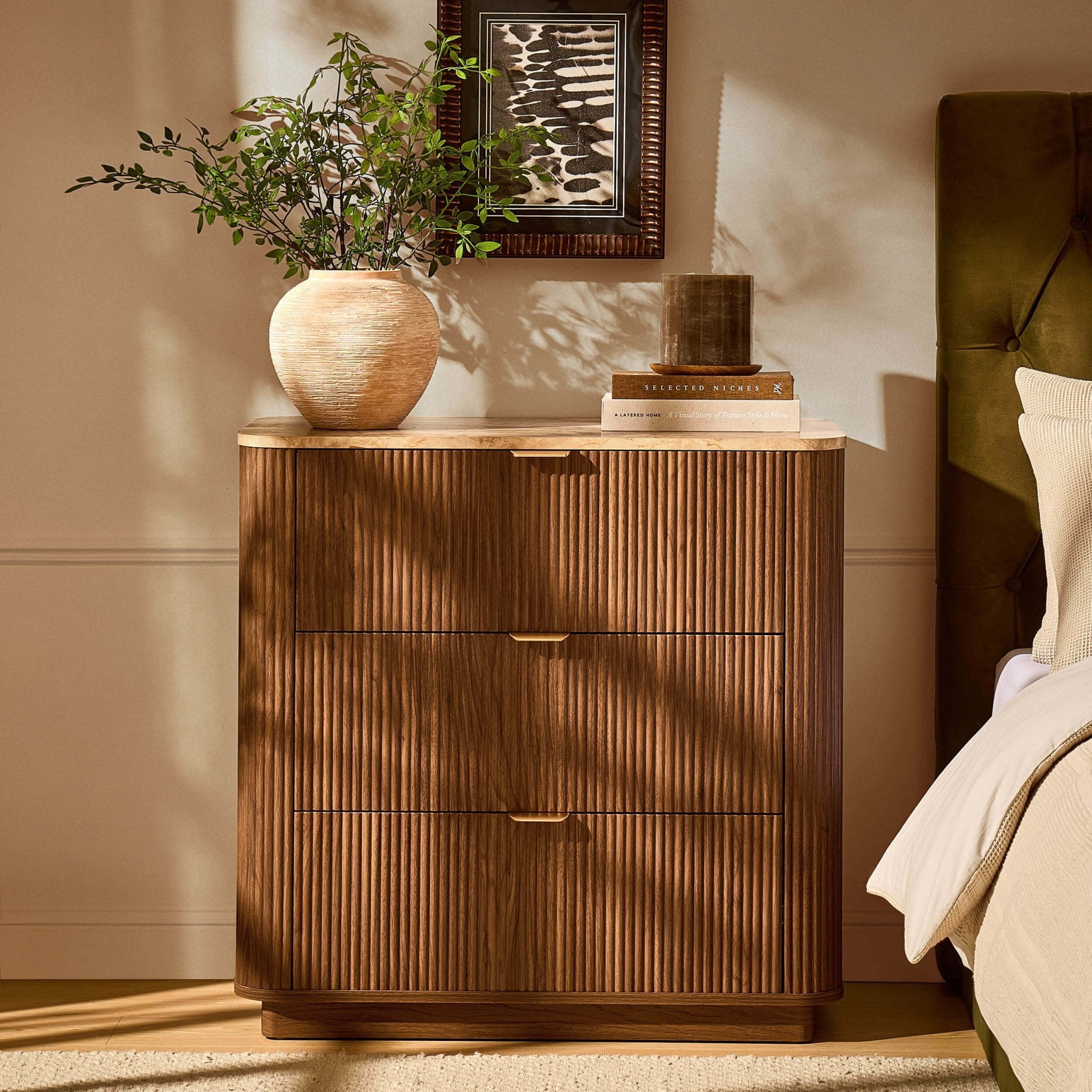 Commode 3 tiroirs Hettie - Bois moyen / Plateau effet marbre