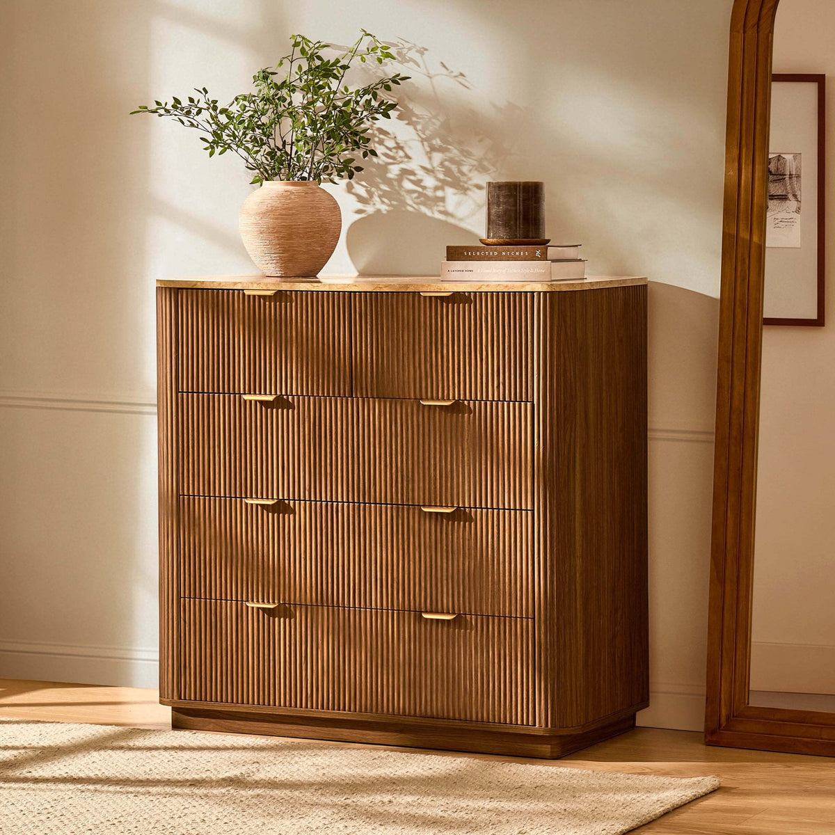 Dusklia - Hettie 5 Drawer Chest - Mid Wood/ Marble Effect Top