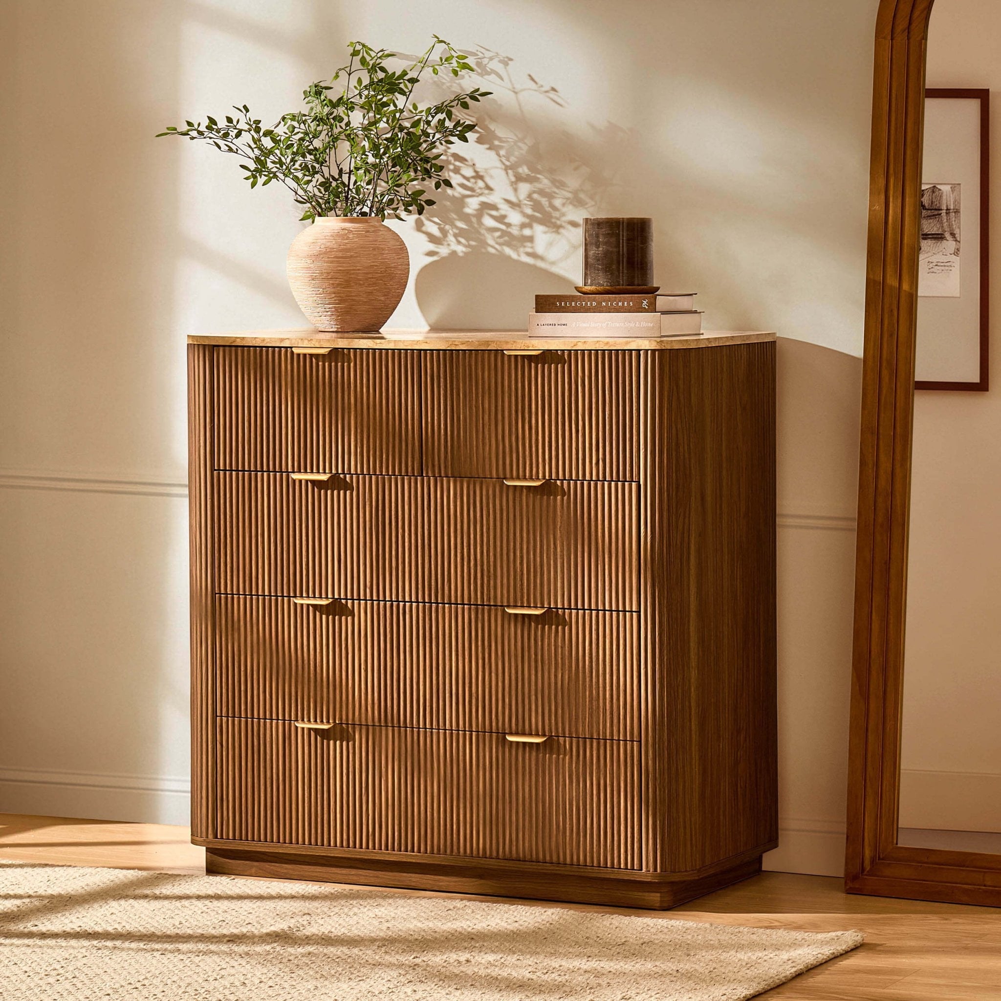 Commode Hettie 5 tiroirs - Bois moyen/Dessus effet marbre