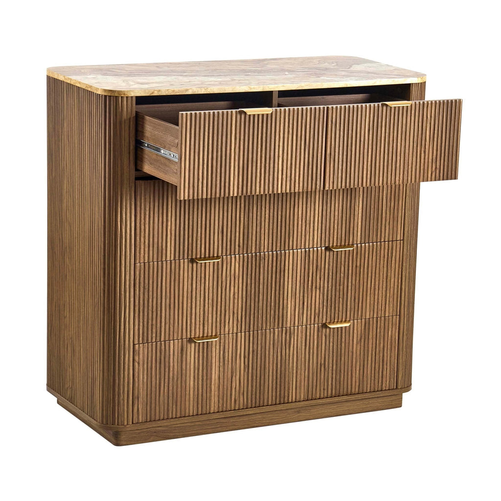 Commode Hettie 5 tiroirs - Bois moyen/Dessus effet marbre