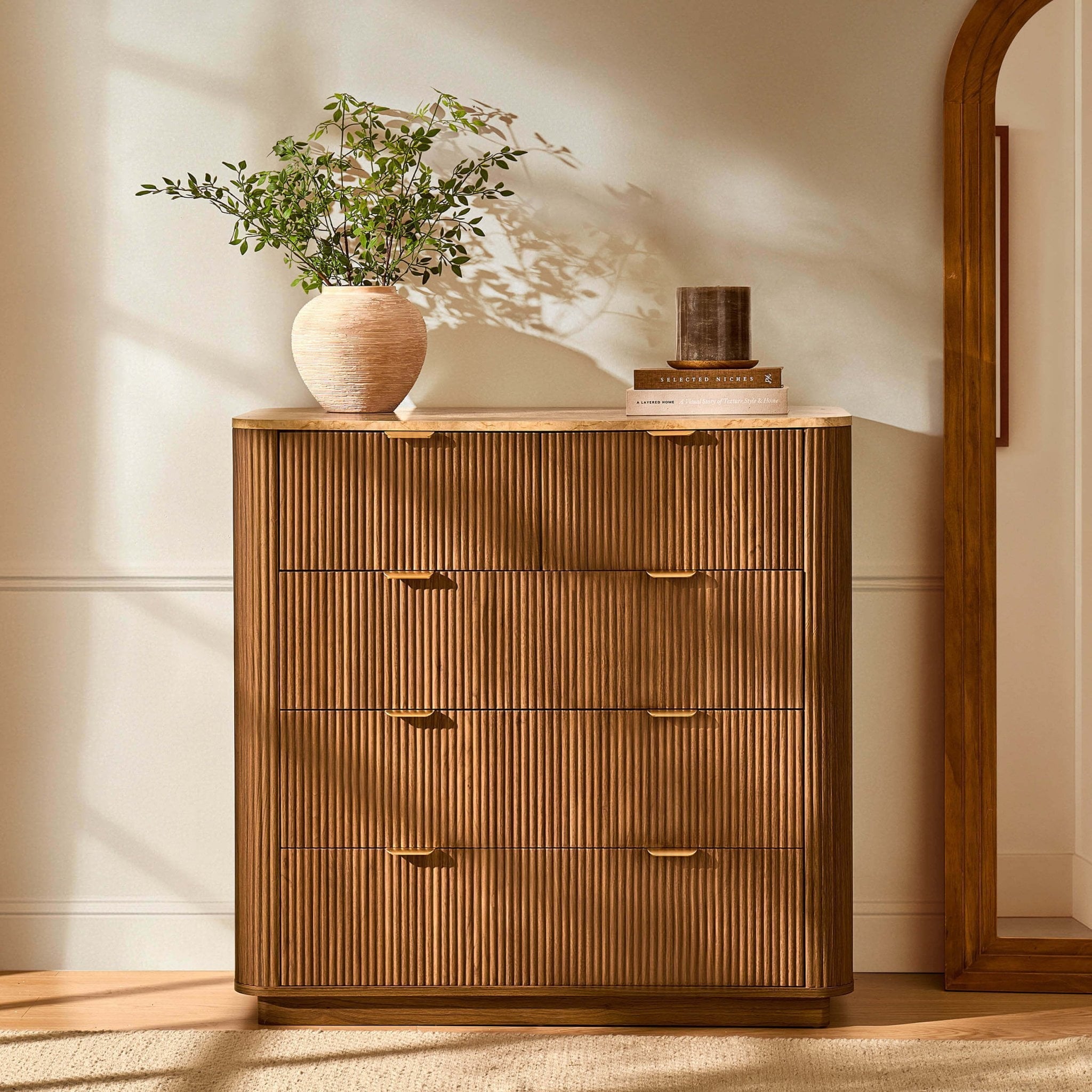 Commode Hettie 5 tiroirs - Bois moyen/Dessus effet marbre