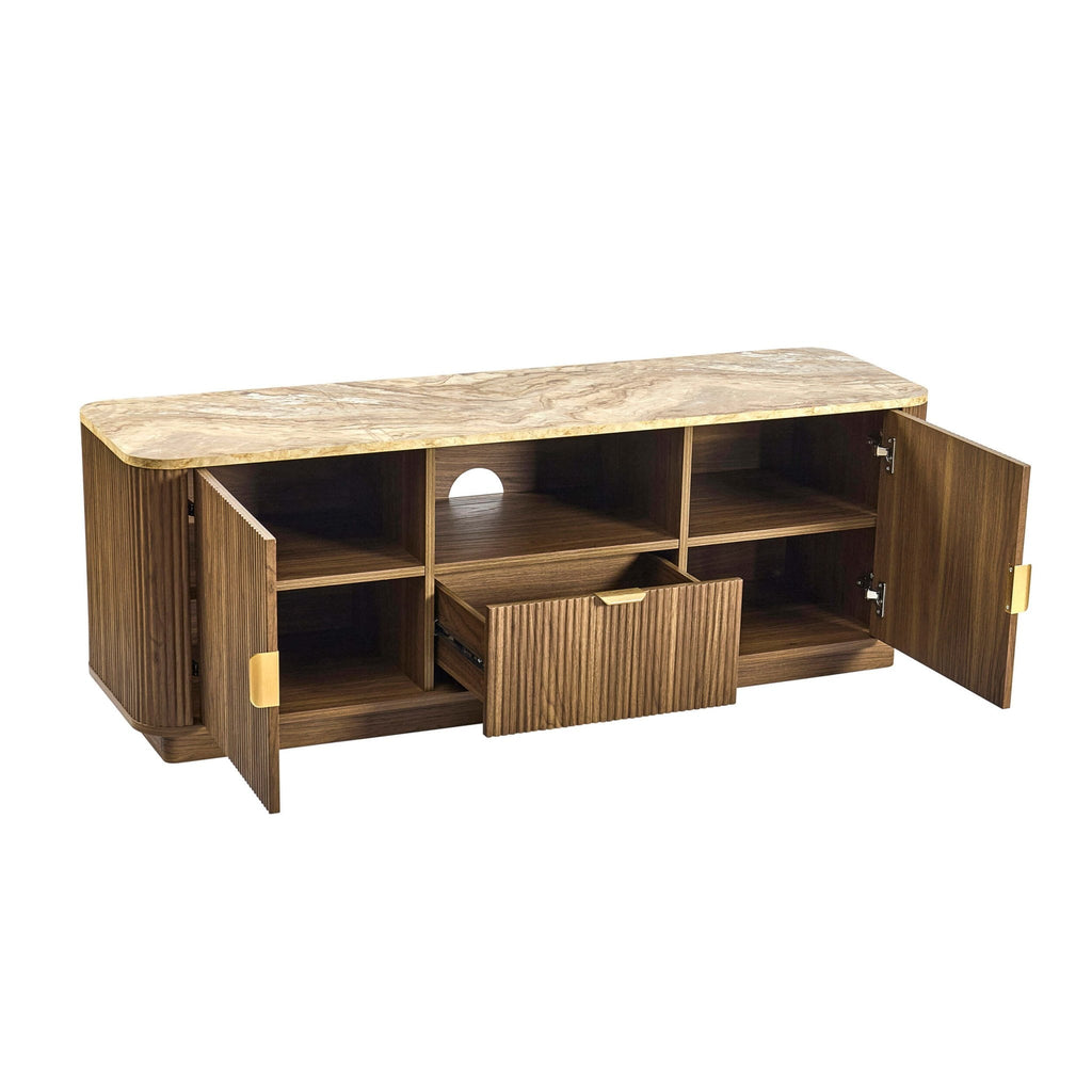 Meuble TV Hettie 2 portes - Buffet - Bois moyen/Plateau effet marbre
