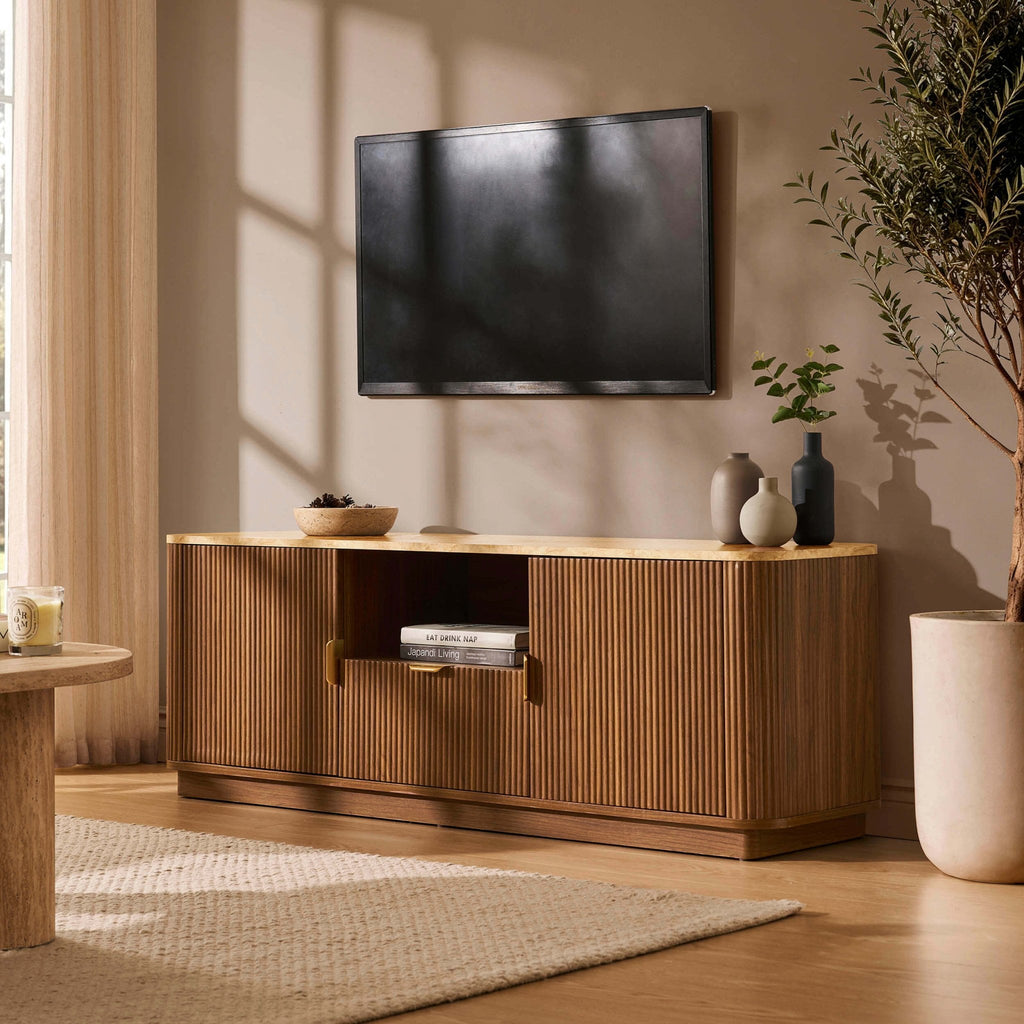 Meuble TV Hettie 2 portes - Buffet - Bois moyen/Plateau effet marbre