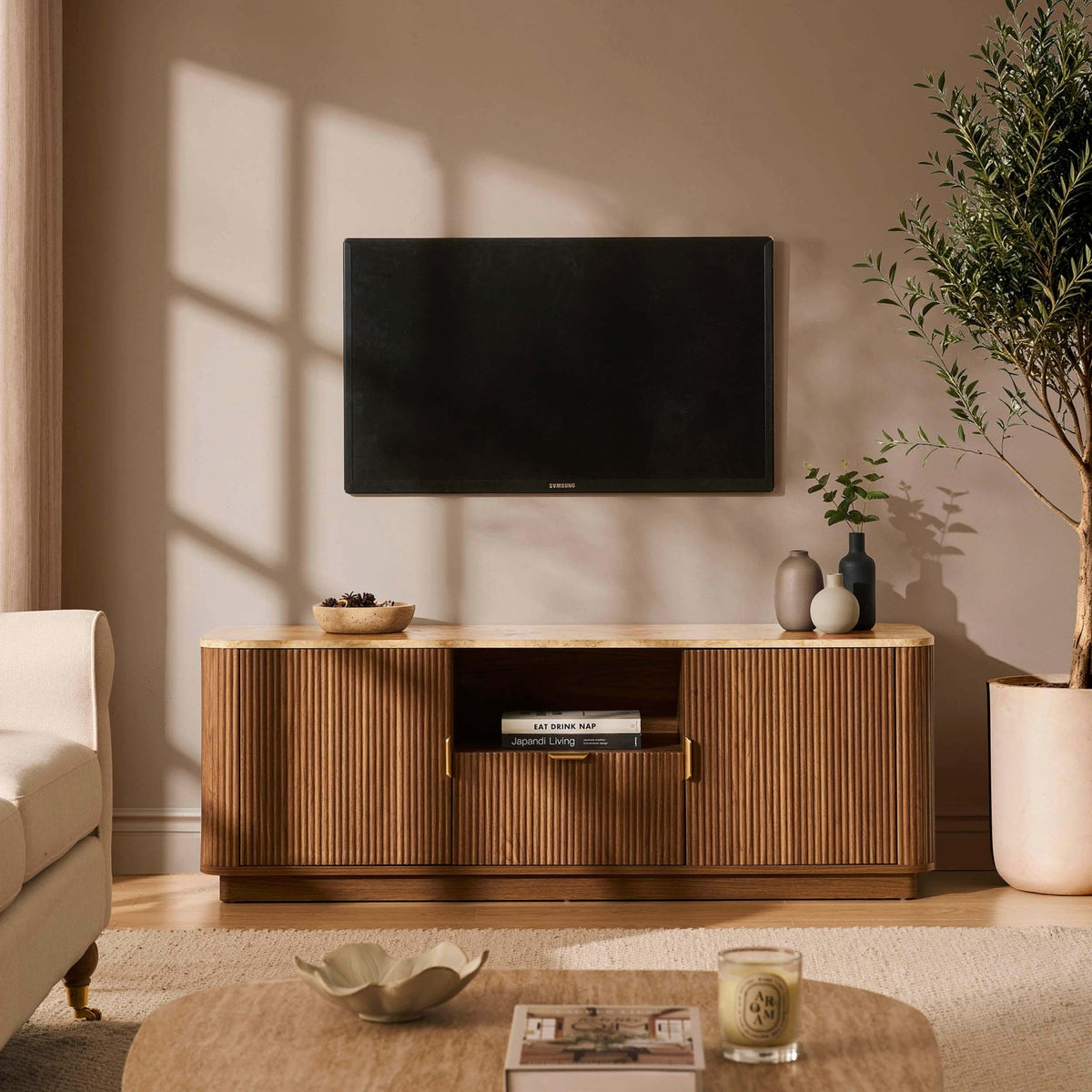 Dusklia - Hettie Tv Unit 2 Door Sideboard - Mid Wood/ Marble Effect Top