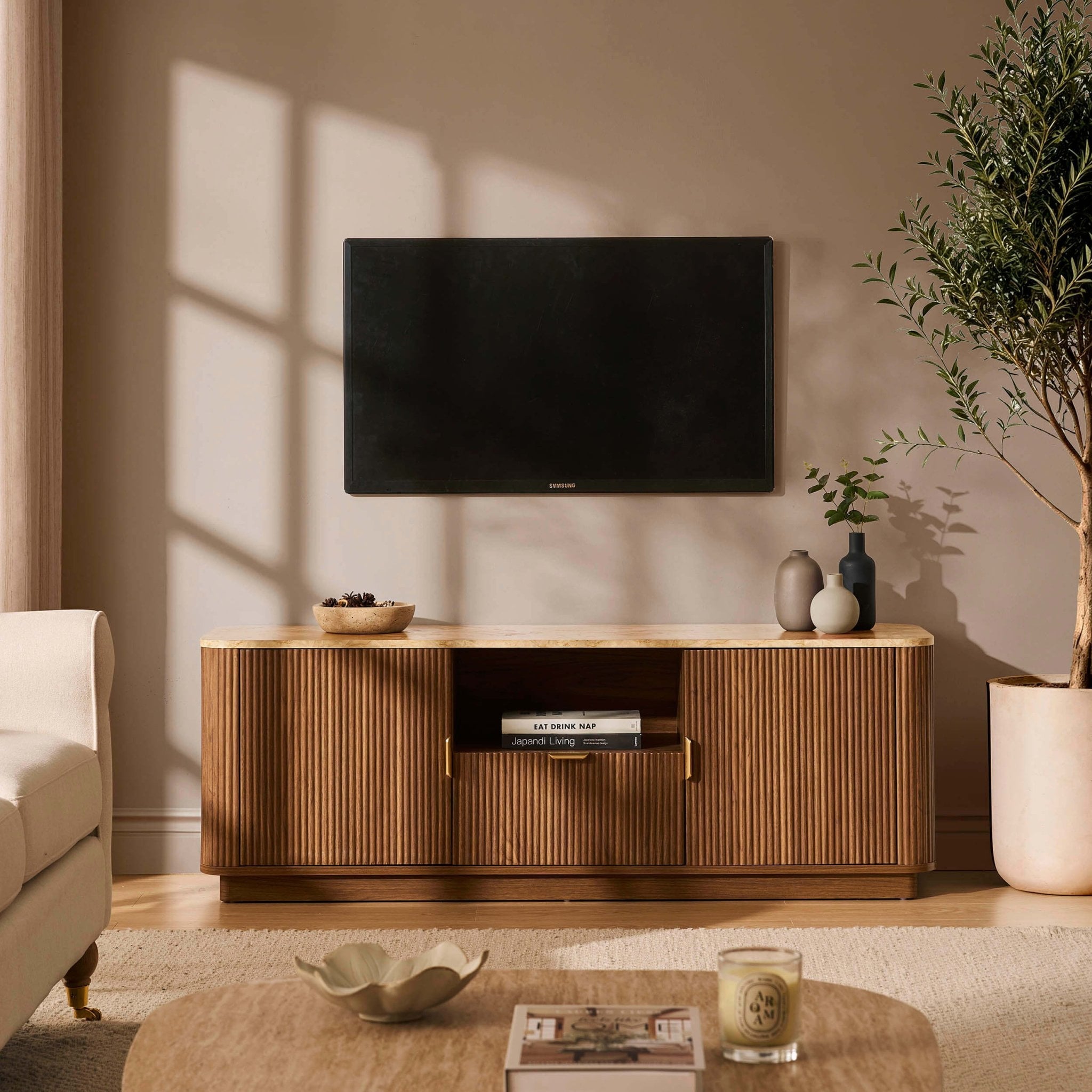 Meuble TV Hettie 2 portes - Buffet - Bois moyen/Plateau effet marbre