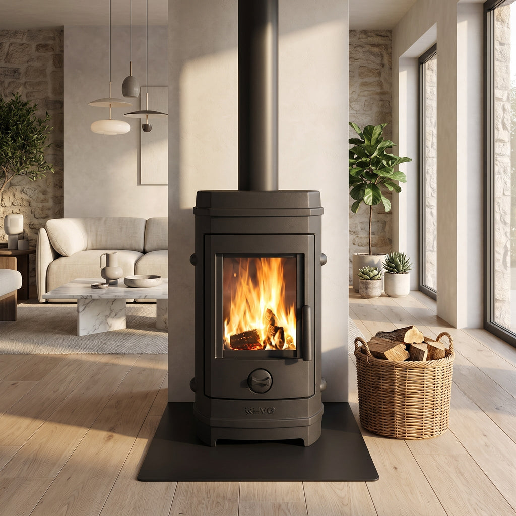 Poêle à bois REVO 7 kW en fonte – Chargement frontal – Bûches 35 cm