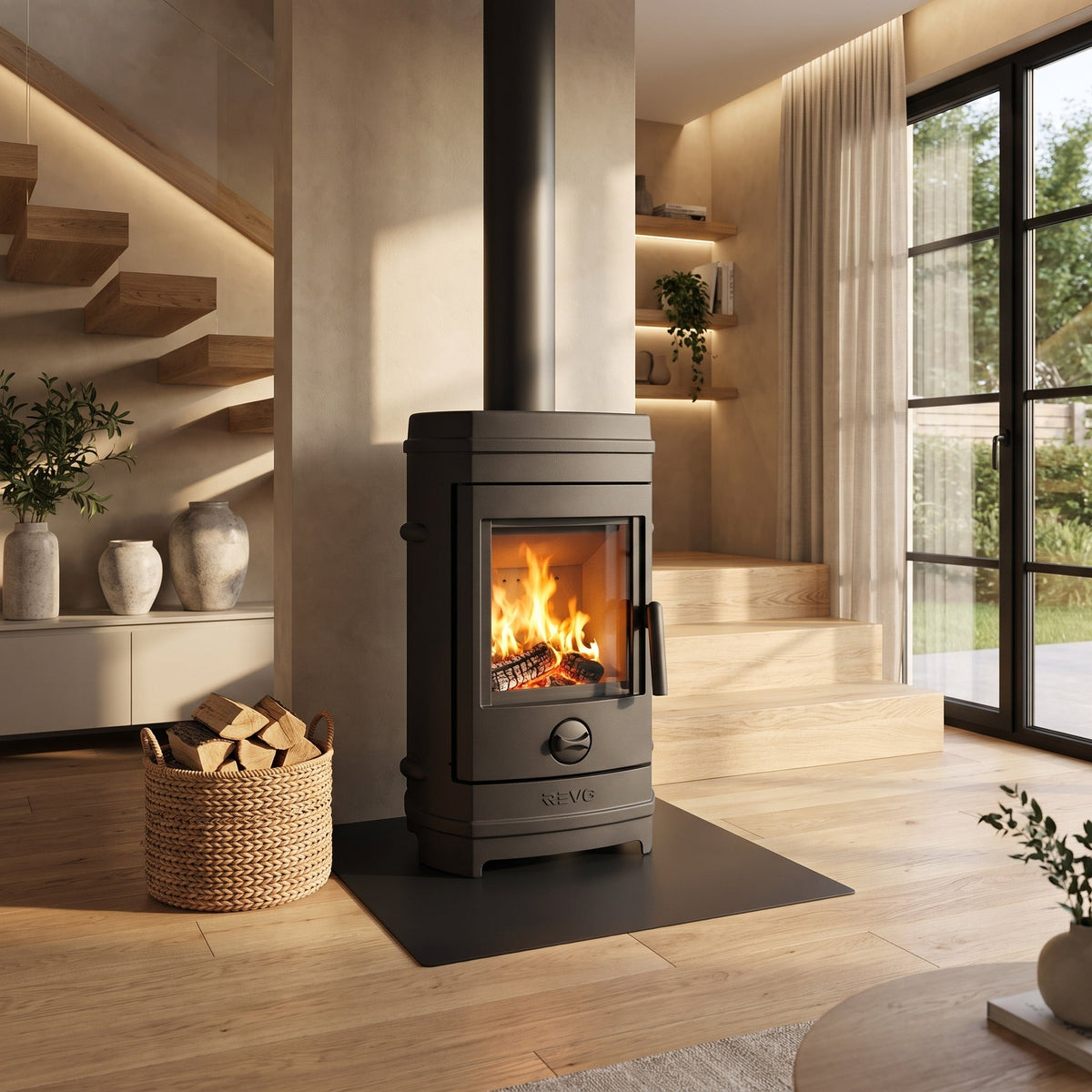 Poêle à bois REVO 7 kW en fonte – Chargement frontal – Bûches 35 cm