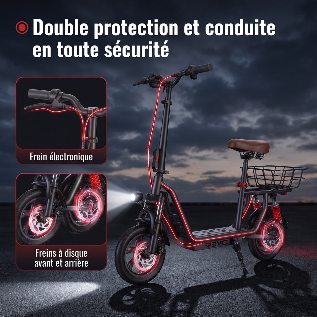 Trottinette Électrique REVO Zenith – 500 W – Autonomie 35 km – Batterie 36V 7,5Ah – Pneus 12" – Avec Siège