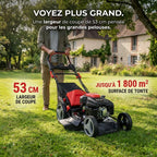 Tondeuse à Gazon Thermique Autotractée REVO Dominus 53 – 224 cm³ / 6 CV – Coupe 53 cm – Démarrage Électrique 20 V – Bac 65 L – Jusqu’à 1 800 m²