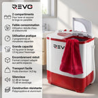Mini Lave-Linge REVO Nomad 4.5 – Machine à Laver Portable 4,5 kg – Essorage 3,5 kg – 2 Compartiments – 1320 tr/min