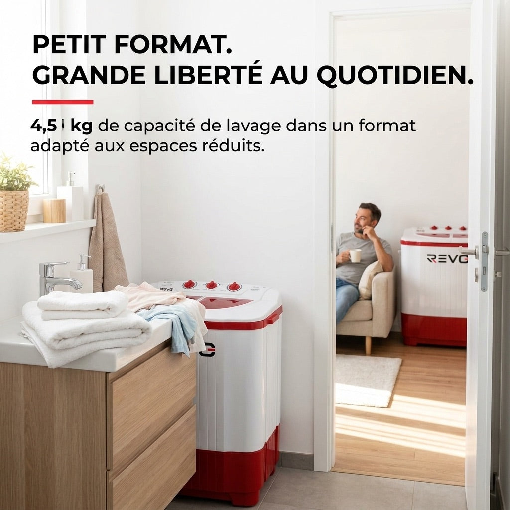Mini Lave-Linge REVO Nomad 4.5 – Machine à Laver Portable 4,5 kg – Essorage 3,5 kg – 2 Compartiments – 1320 tr/min